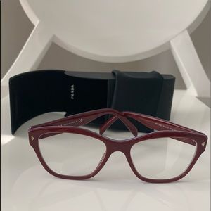 Burgundy with blue stripe Prada glasses